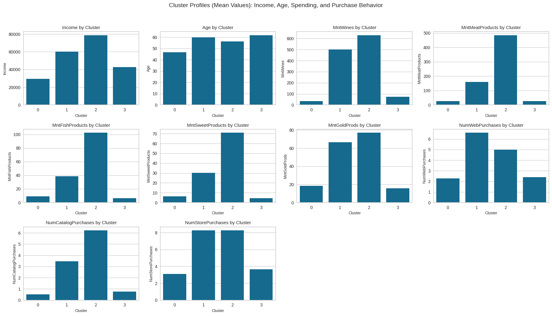 Barplot grid showing mean income, age, spending amounts, and purchase behaviors by cluster